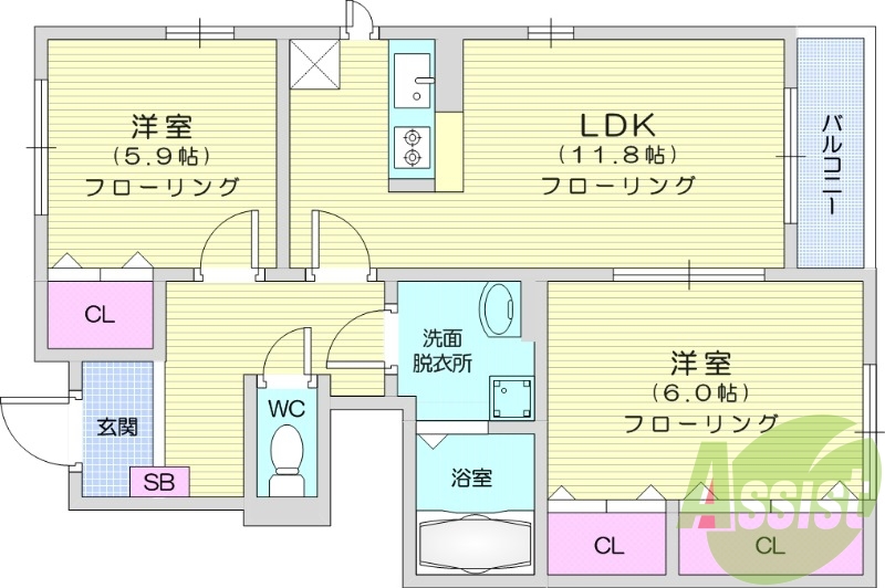 2LDK、エアコン、シューズボックス、クローゼット、給湯