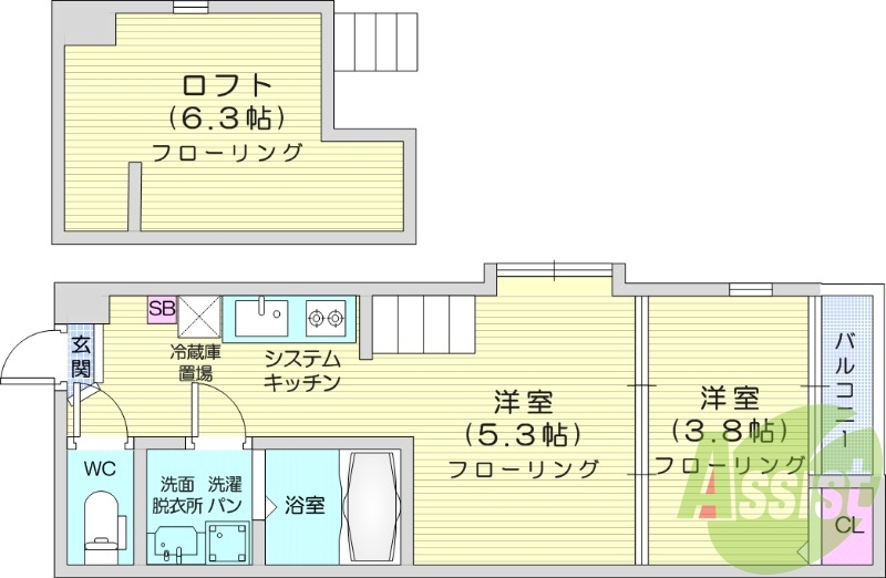 2K、二人入居可能、浴室乾燥付き、ロフト付き