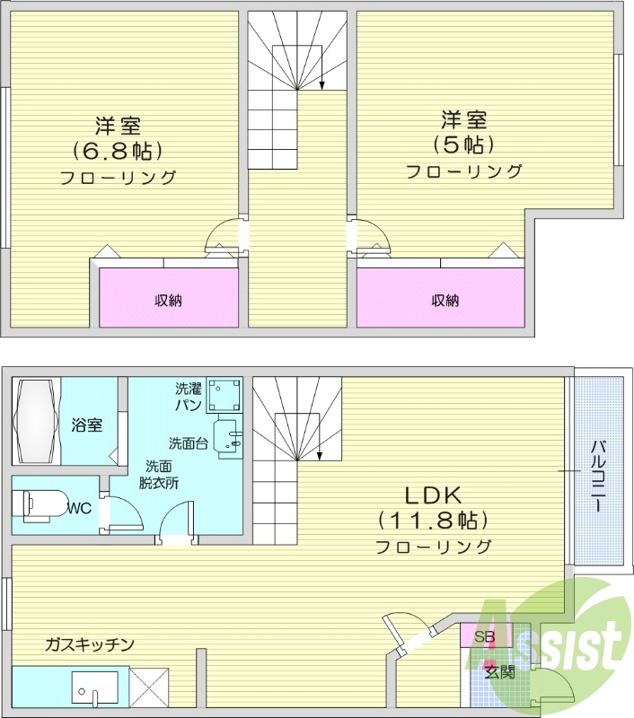 2LDK、洗面所独立、追い焚き機能、天窓付き