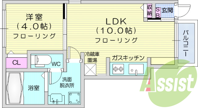 1LDK、モニター付きインターホン、バストイレ別。