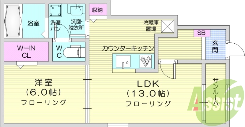 1LDK、追い焚き、サンルーム、宅配ボックス、エアコン２台