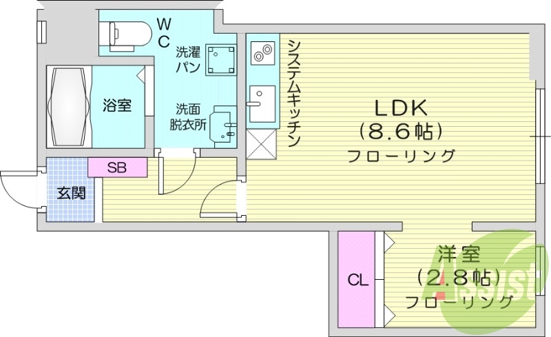 1LDK、追い焚き、ネット無料、IH、独立洗面台。