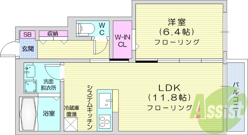 1LDK、都市ガス、ネット無料、システムキッチン、エアコン