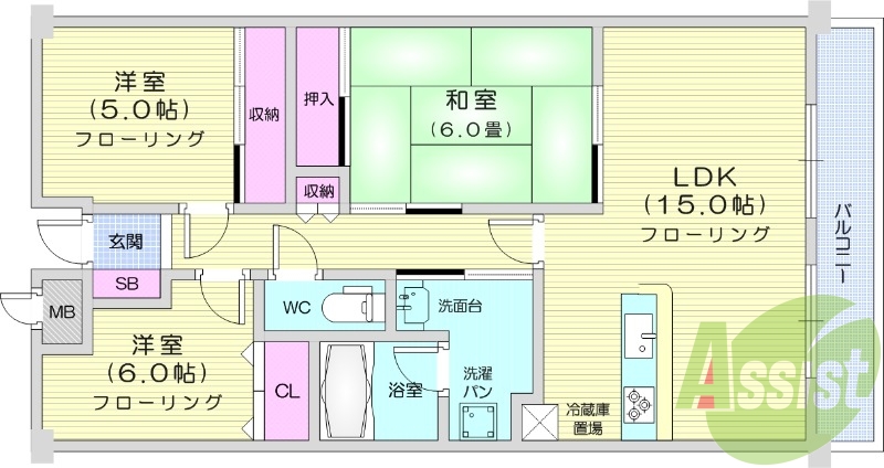 3LDK、2人入居可、追い焚き機能付き浴室、温水洗浄便座付き