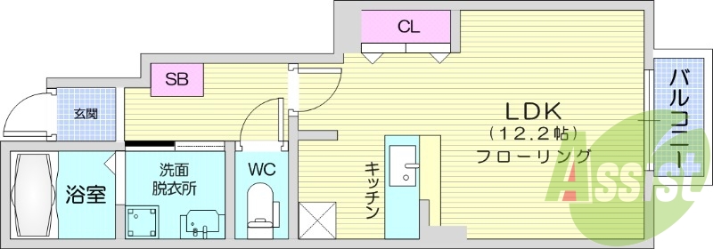 1K、エアコン、バルコニー、フローリング