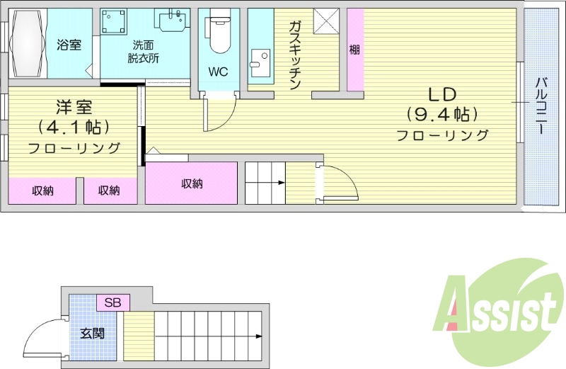 1LDK、TVインターホン、独立洗面台、最上階