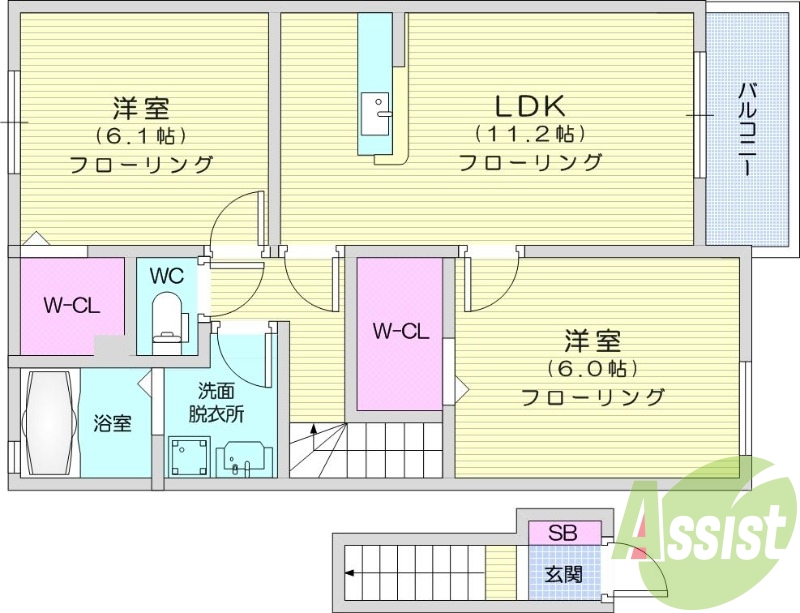 2LDK、フローリング、ウォークインクローゼット