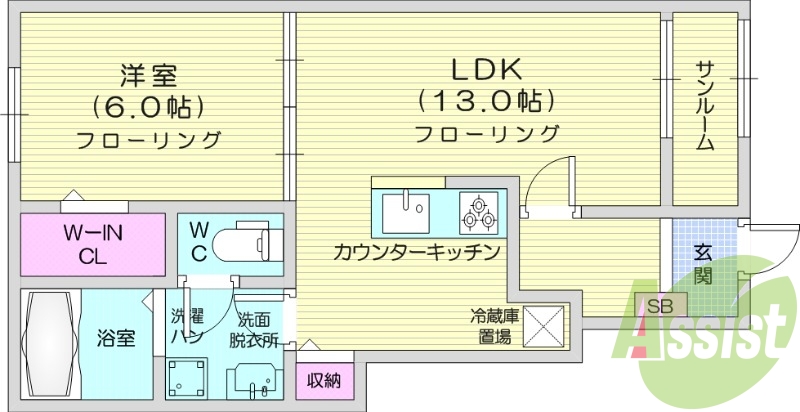 1LDK、追い焚き、サンルーム、宅配ボックス、エアコン２台。