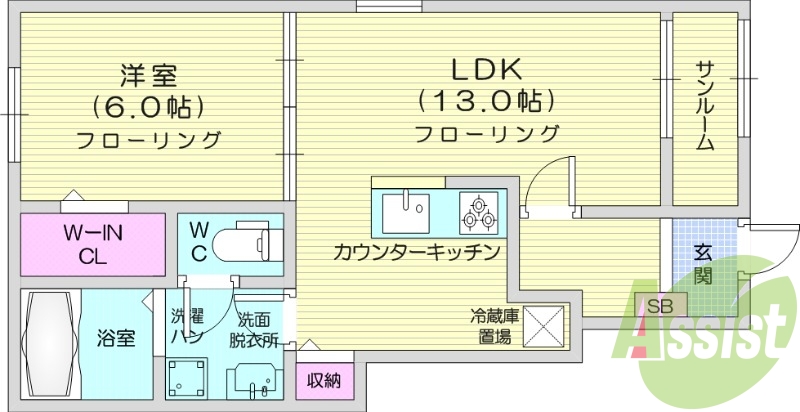 1LDK、追い焚き、サンルーム、宅配ボックス、エアコン２台。