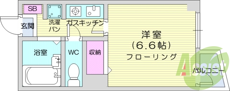 1K、フローリング、バルコニー、エアコン。