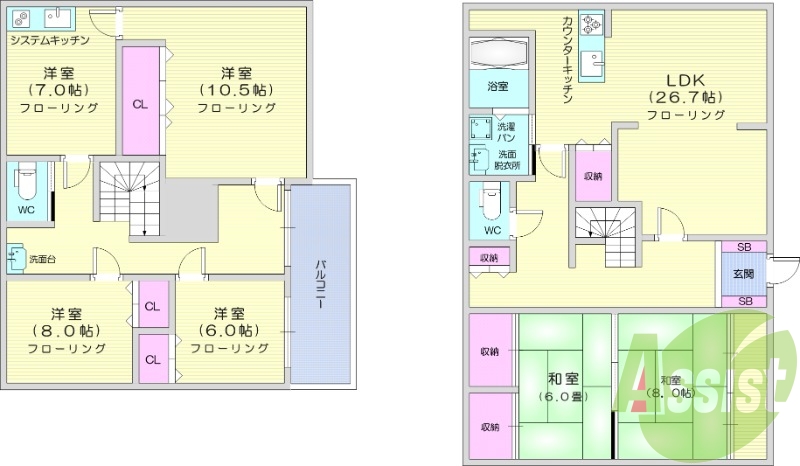 6LDK、追い焚き、浴室乾燥、洗面台、パントリー、エアコン