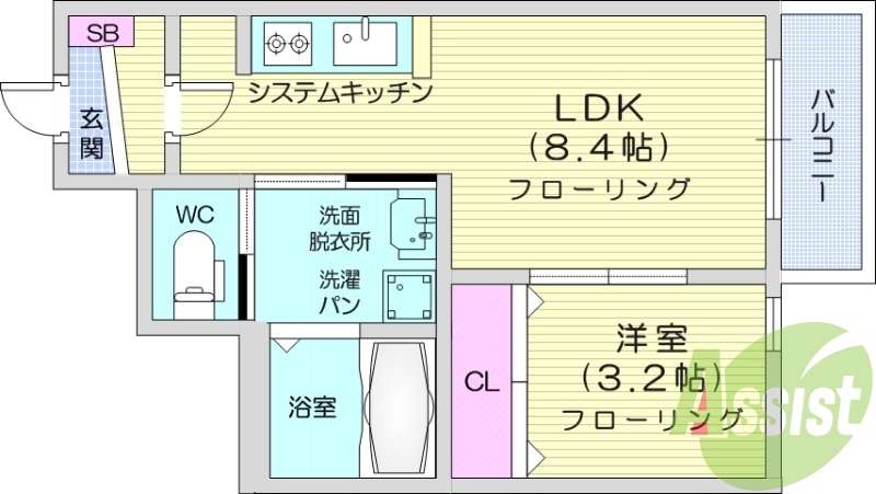 1LDK、フローリング、モニター付きインターホン