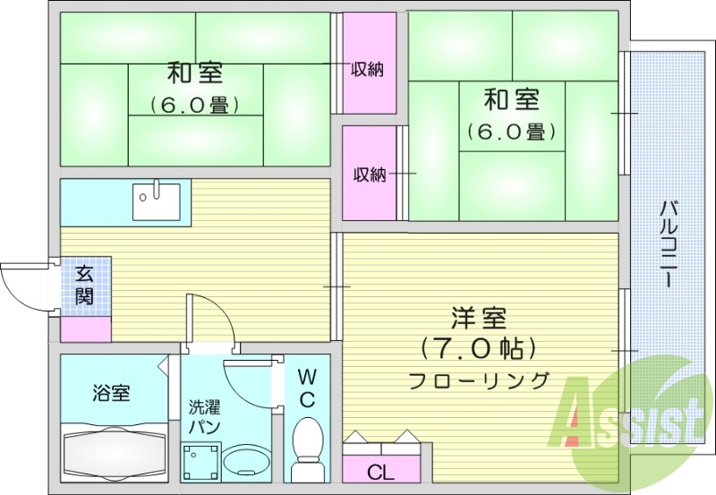 3Ｋ、独立洗面台、エアコン付き、和室、角部屋、脱衣所