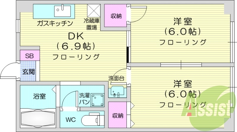 2DK、バストイレ別、南向き開口部、室内洗濯置場
