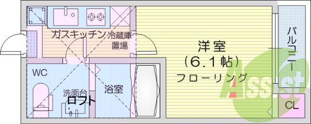 1K、独立洗面台、室内洗濯機置き場、シャッター付き