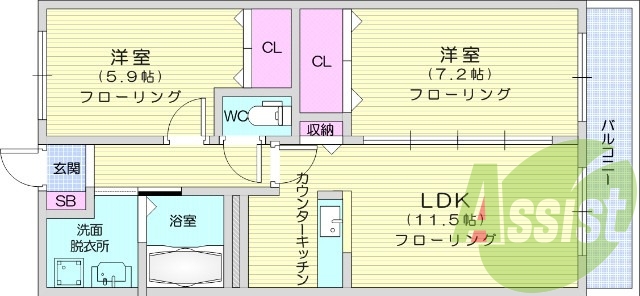 ２LDK、オートロック、カウンターキッチン、浴室乾燥機。