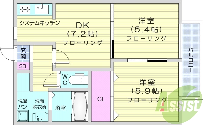 2DK、ガスコンロ2口、追い焚き、モニタ付きインターホン