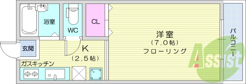 1K、エアコン、フローリング、クローゼット、バルコニー