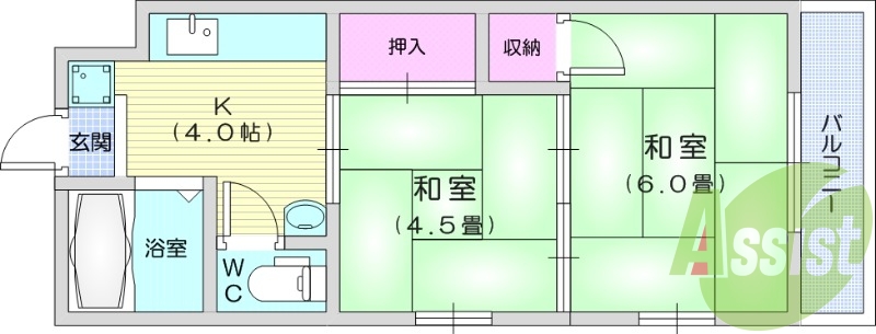2K、エアコン、トイレ浴室別、収納、室内洗濯機置き場