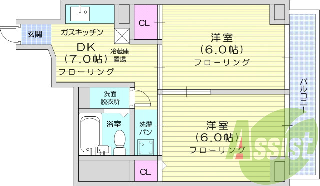 2DK、都市ガス、エアコン、収納、室内洗濯機置き場