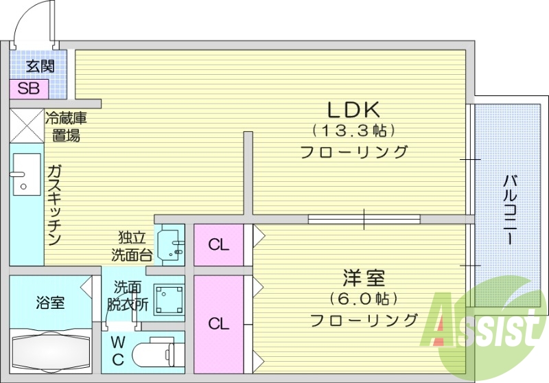 1LDK、フローリング、エアコン、クローゼット