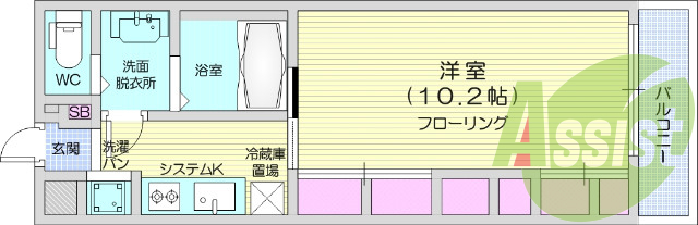 1K、オートロック、エアコン、温水洗浄便座、浴室乾燥機。