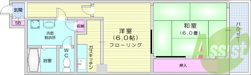 2K、バルコニー、バストイレ別、シューズボックス