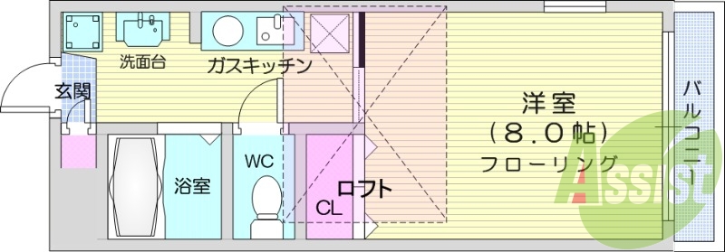 1K、洋室8帖、ロフト2.5帖、宅配BOX