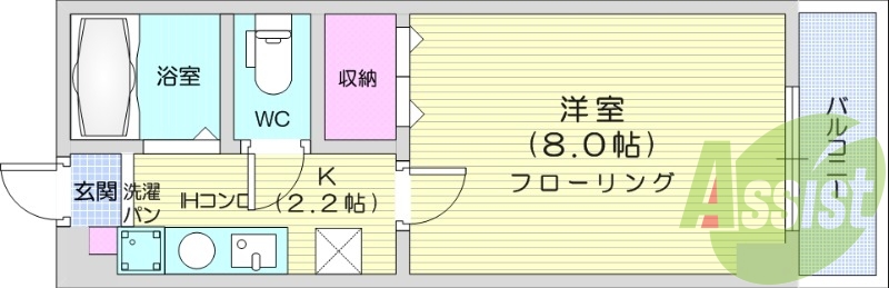 1K、都市ガス、IH、ウォシュレット、複層ガラス。