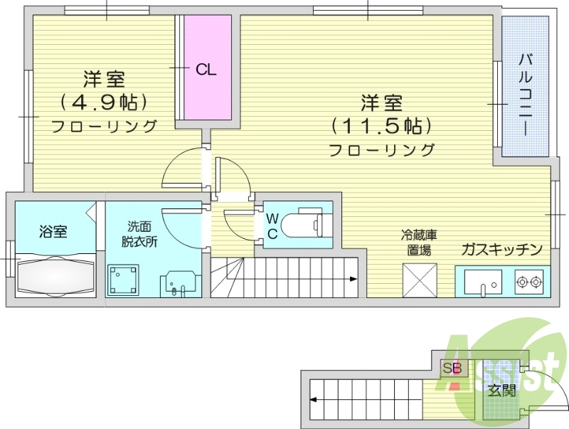 1LDK、フローリング、システムキッチン、独立洗面台