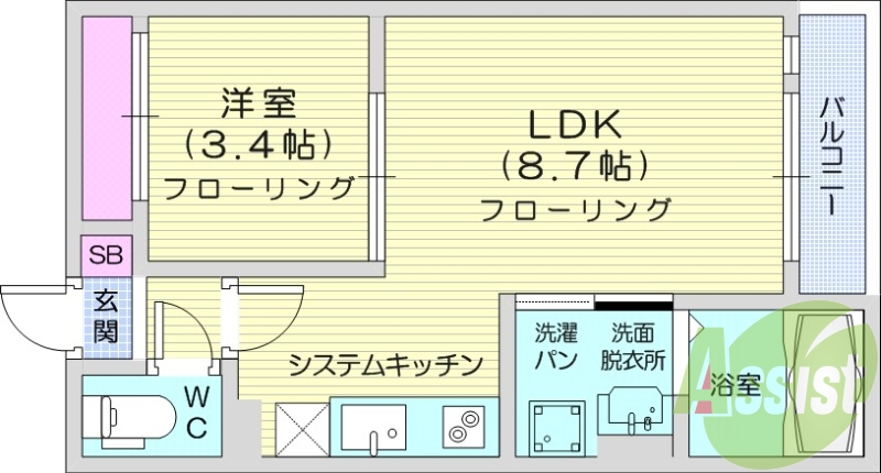 1LDK、ネット無料、独立洗面台、オートロック。