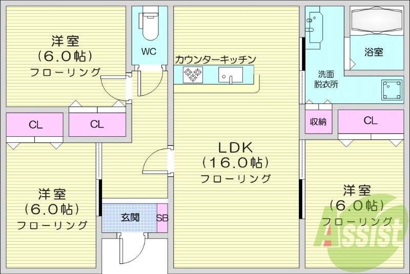 ３LDK、独立洗面台、エアコン、物置、収納
