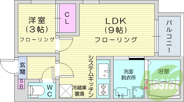 １LDK、浴室乾燥機、室内洗濯機置場、システムキッチン