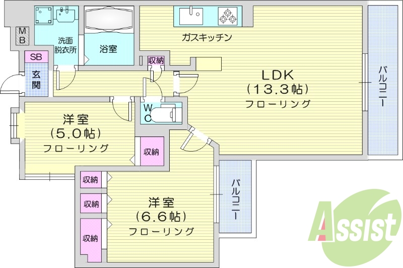 2LDK、角部屋、宅配ボックス、防犯カメラ