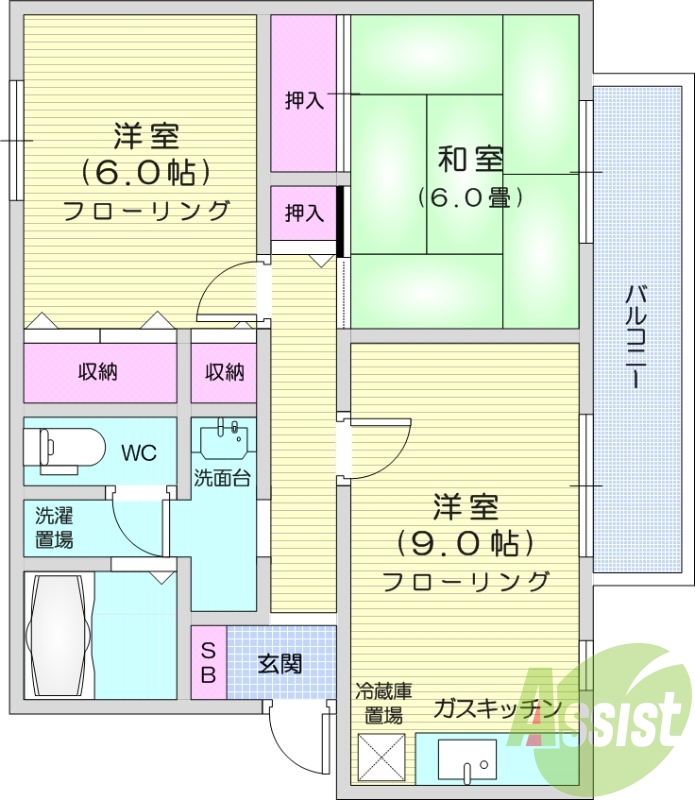 2LDK、角部屋、追い焚き機能、バルコニー。