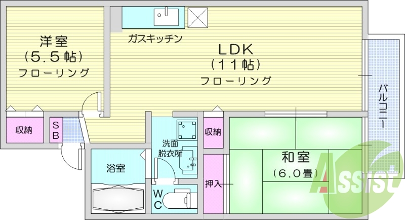2LDK、独立洗面台、追い炊き機能付き、最上階