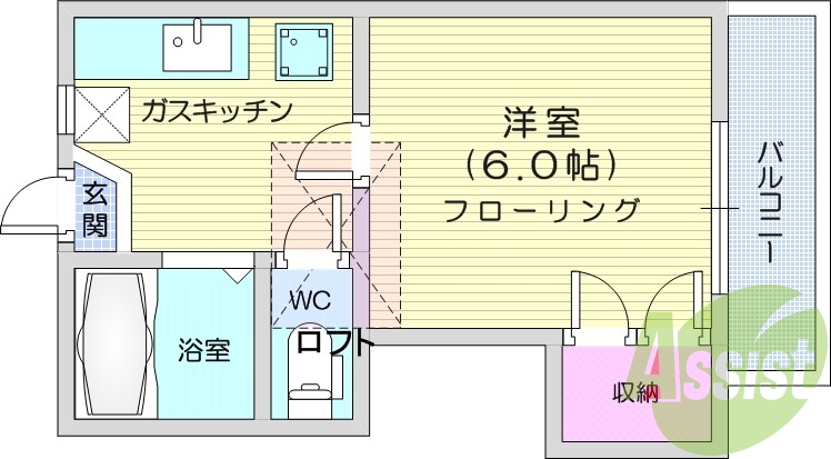 1K、ロフト付き、インターネット無料、モニタ付インターホン