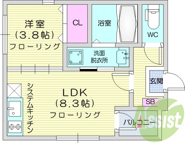 1LDK、フローリング、バストイレ別、エアコン。