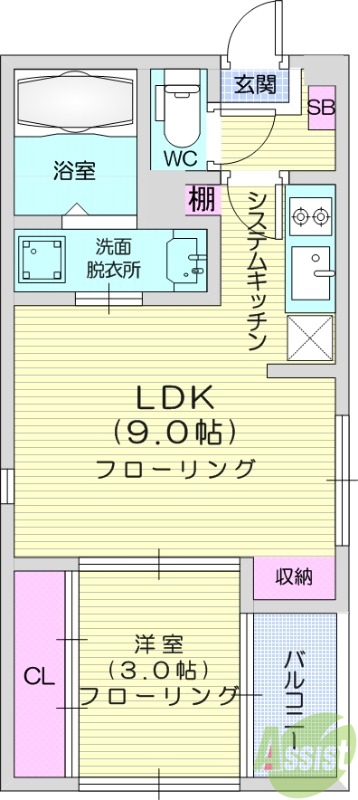 1LDK、フローリング、バストイレ別、エアコン。