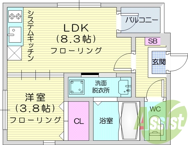 1LDK、フローリング、バストイレ別、エアコン。