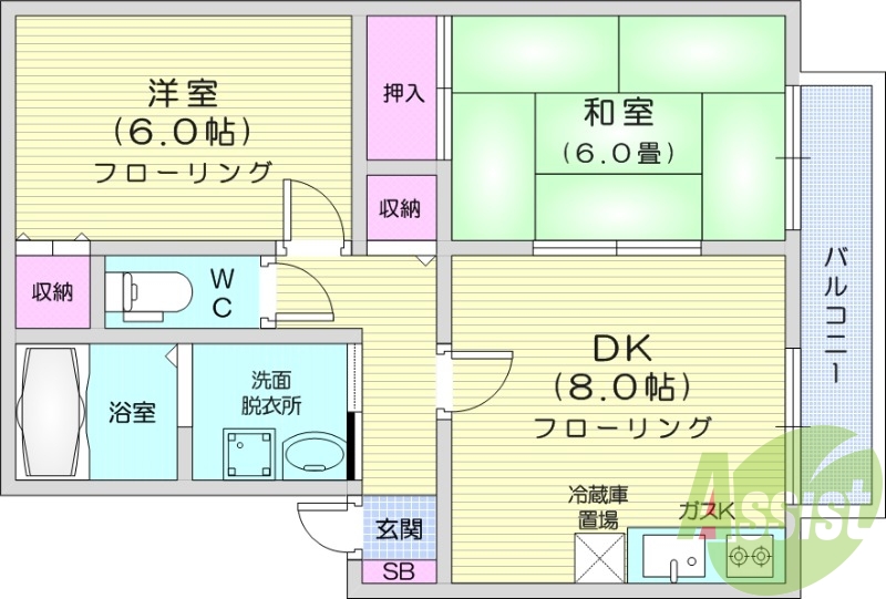 2DK、独立洗面台、エアコン、ガスコンロ付き、収納、BS端子