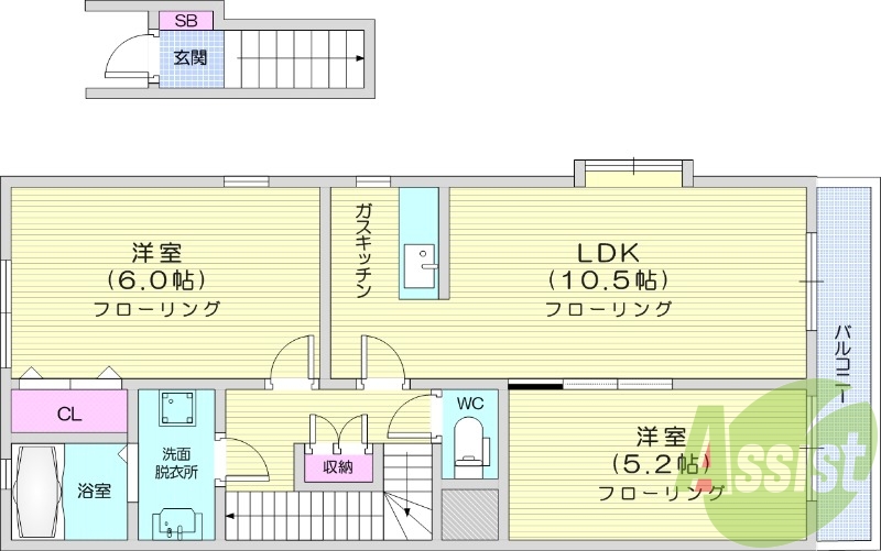 ２LDK、バストイレ別、浴室乾燥、独立洗面台