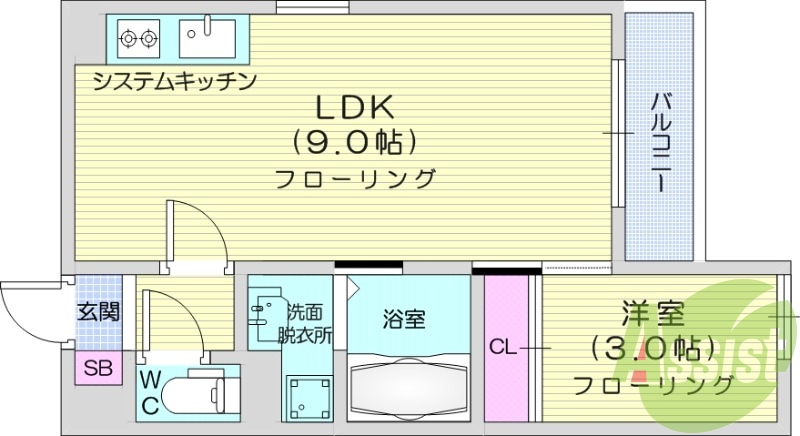1LDK、バルコニー、南西向き、浴室乾燥機、追い焚き
