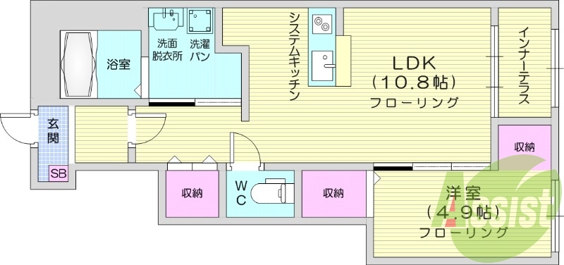 1LDK、ネット無料、独立洗面台、浴室乾燥機。