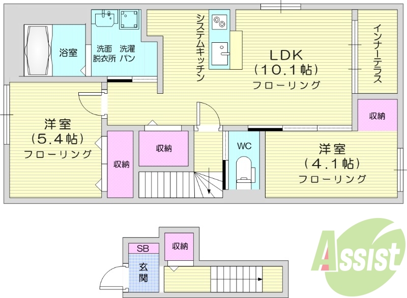 2LDK、ネット無料、宅配ボックス、防犯カメラ。