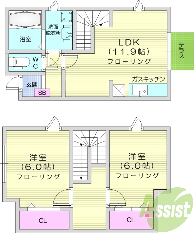 2LDK、メゾネット、追い焚き給湯、テラス、モニターホン