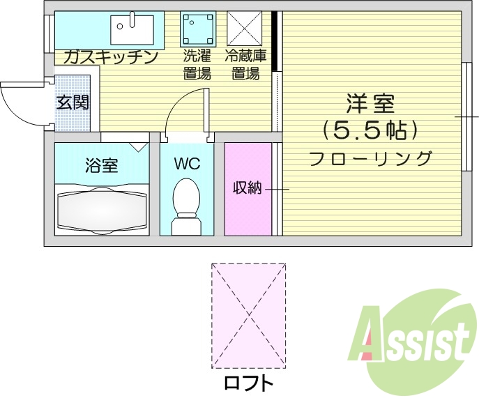 1K、フローリング、ロフト、温水洗浄便座。