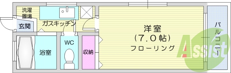 1K、フローリング、エアコン、モニター付きインターホン。