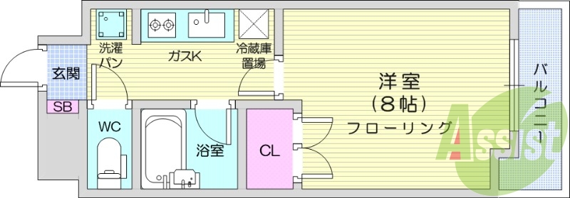 1K、都市ガス、ガスキッチン、エアコン、収納、洗浄便座