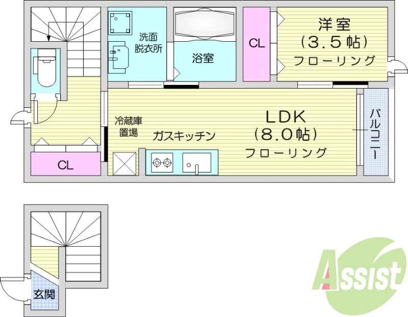 1LDK、浴室乾燥機、宅配BOX、エアコン。